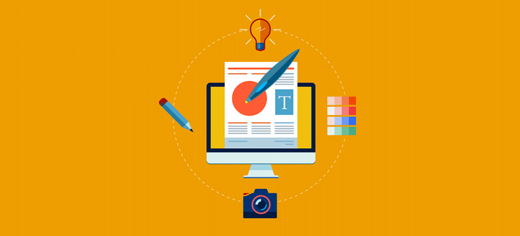 A computer icon with various other icons emerging from the screen, including a pencil, a color swatch, and a light bulb, all on an orange background