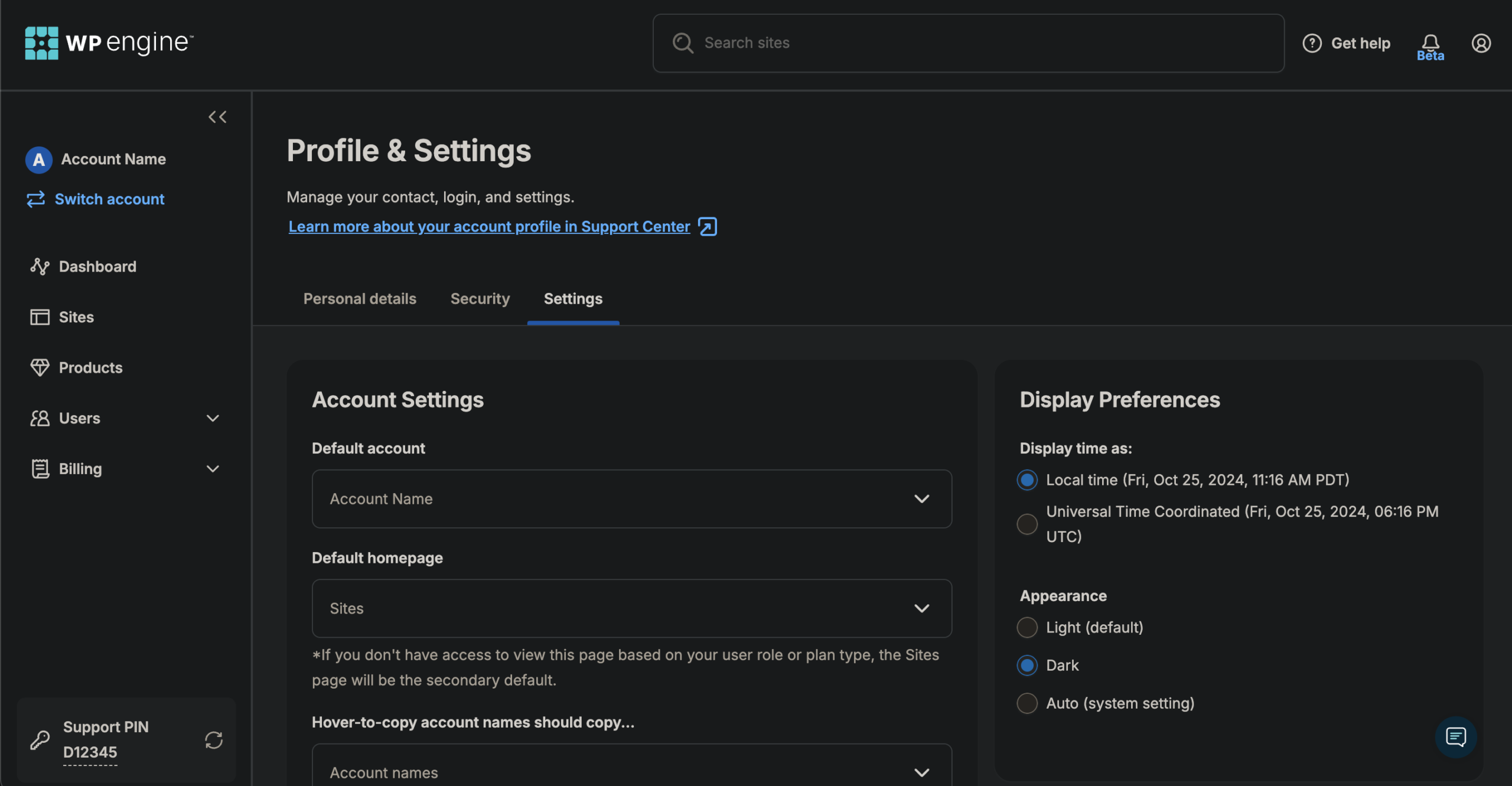 Screenshot of the Profile and Settings page in the WP Engine User Portal showing a sample of the Dark Mode colors.