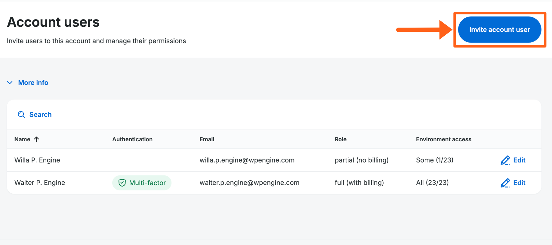 Screenshot of the Users page in the WP Engine User Portal showing the button to add a new user