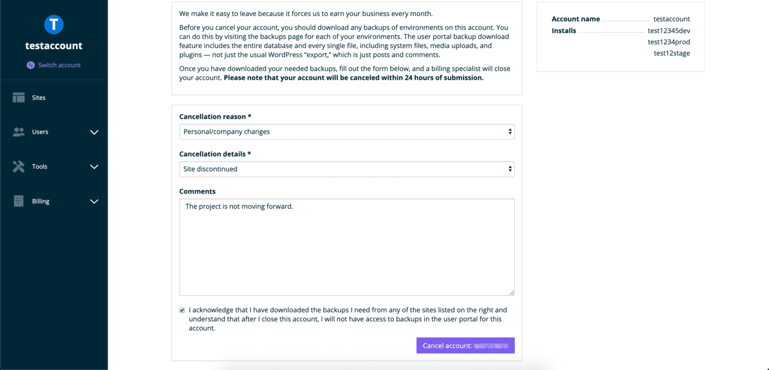 WP Engine cancellation form