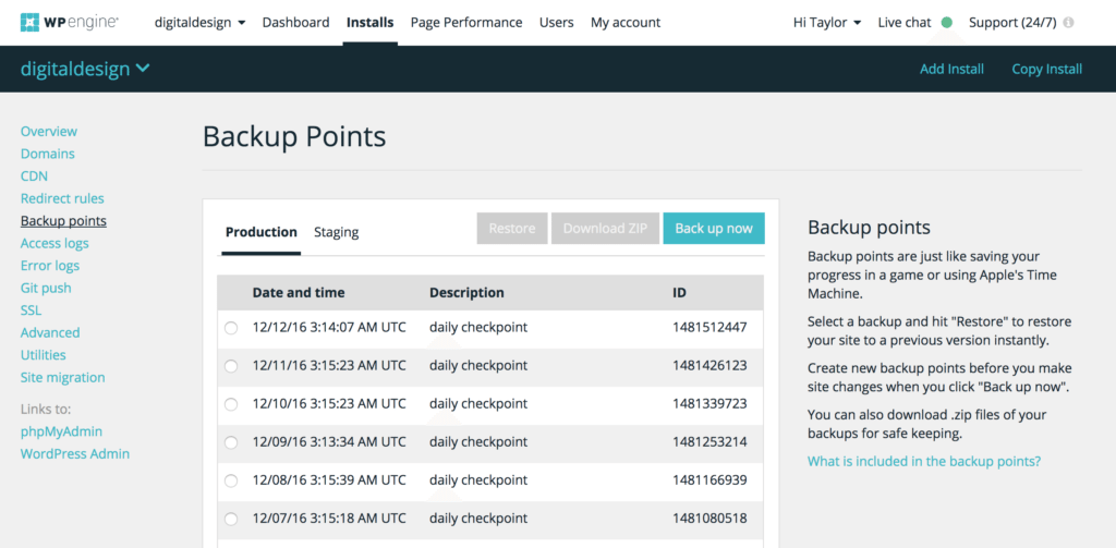 Backup Points in the User Portal