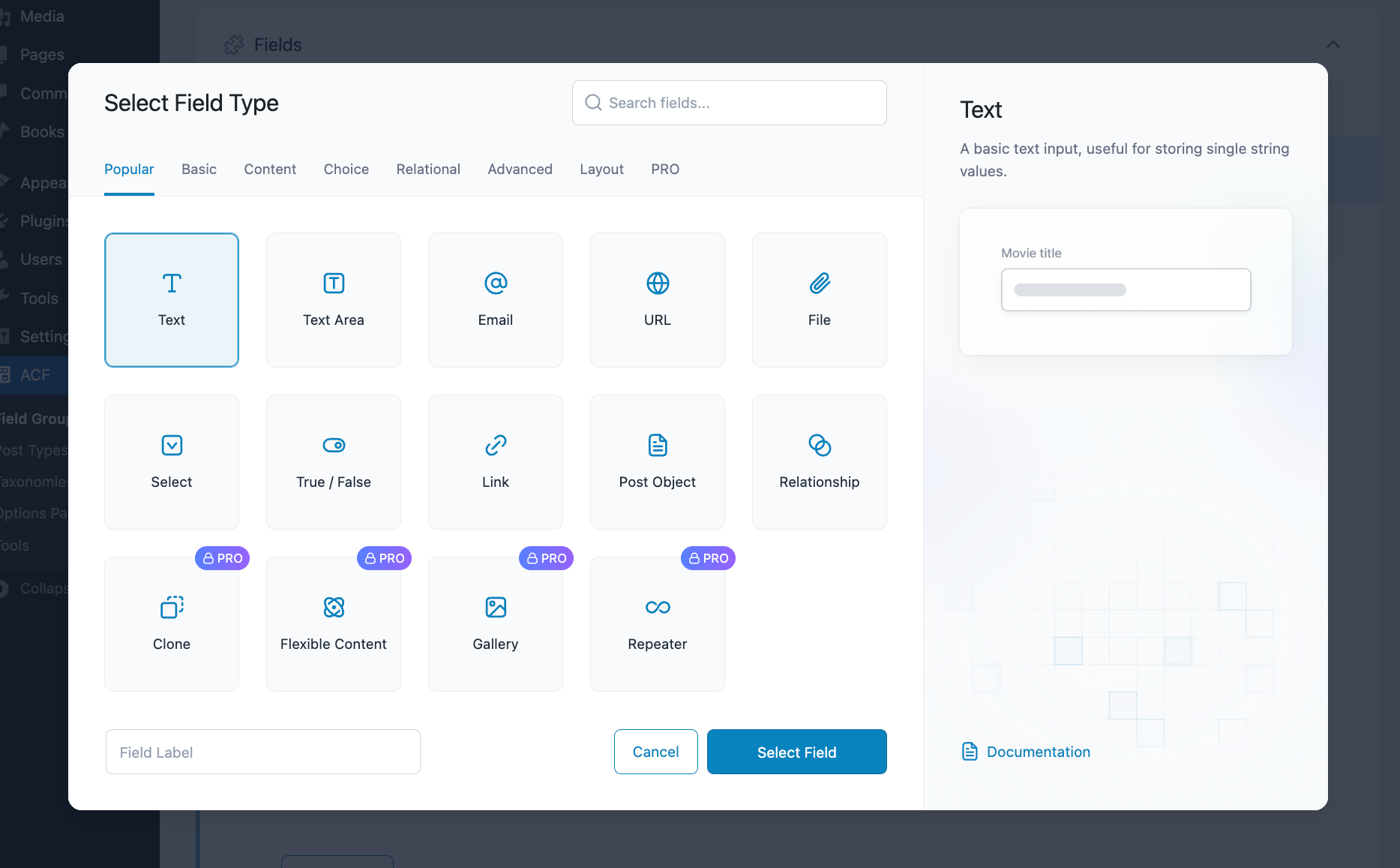 The ACF Field Type Modal provides additional information on each field, as well as links to documentation. How to Create and Use WordPress Custom Fields