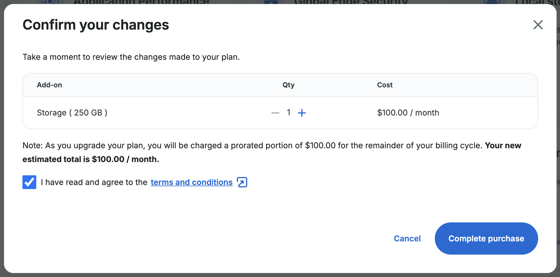 Screenshot of the storage add-on options for an account on the Products page in the WP Engine User Portal 