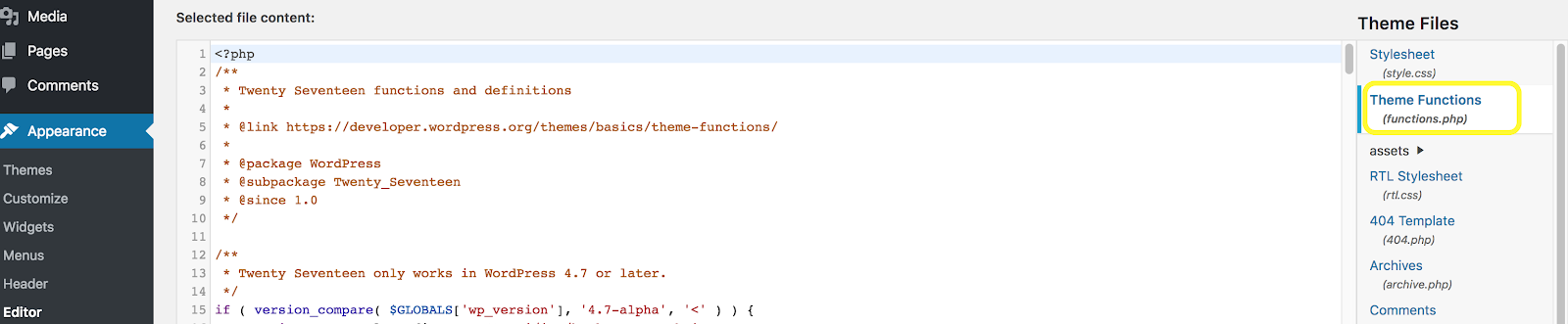 Image shows the WordPress dashboard navigated to Appearance > Editor > Theme Functions (functions.php). scroll back to top button WordPress