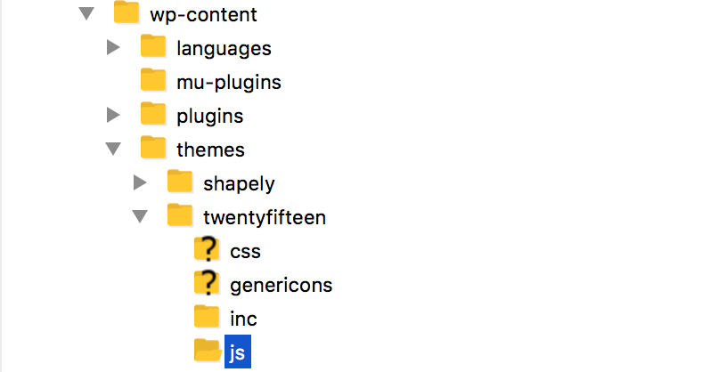 back to top button WordPress. Image shows a descending file structure of wp-content > themes > yourtheme > js  