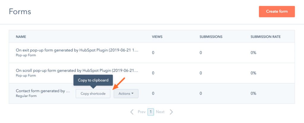 Where to find shortcode for forms in HubSpot’s All-in-One Marketing plugin.