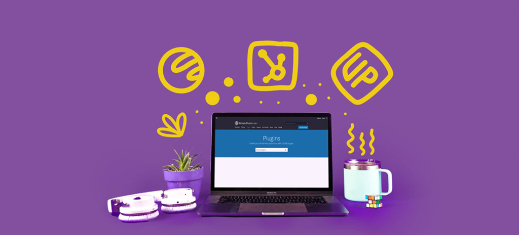 a laptop surrounded by yellow hand-drawn elements on a purple background