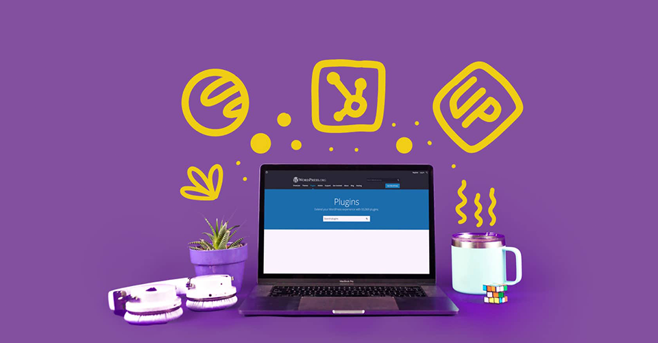 a laptop surrounded by yellow hand-drawn elements on a purple background