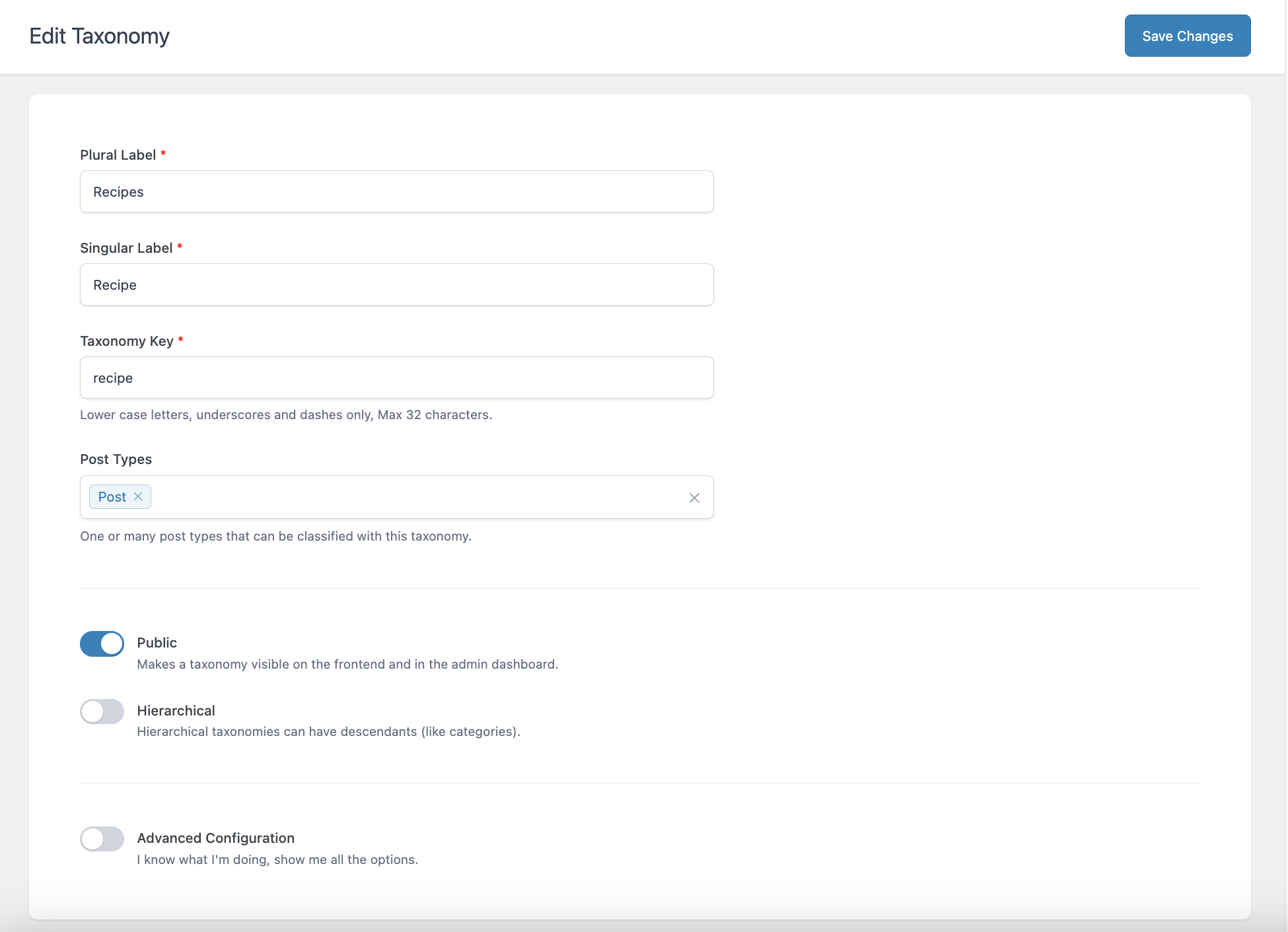 The Edit Taxonomy screen within the ACF plugin. The fields and toggle switches are as described in the text of the article.