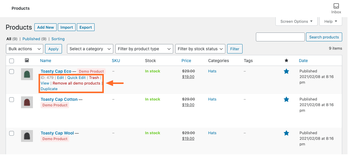 Screenshot of demo products in the wp-admin