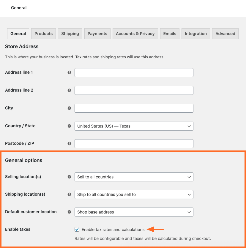 Screenshot of the Enable taxes option