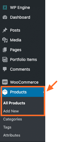 Screenshot of location of Products in the wp-admin