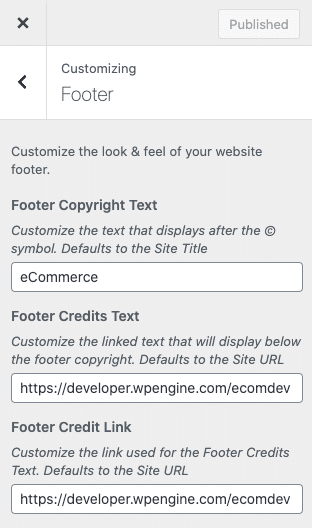 Screenshot of Footer Text settings in the Customizer