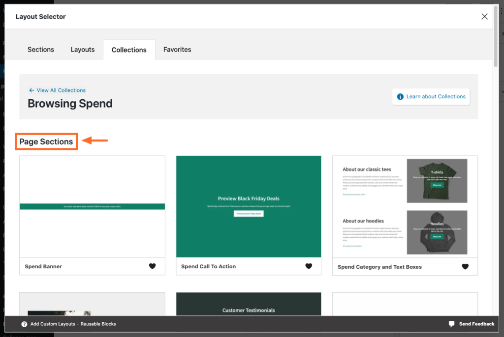 Screenshot of Page Sections in the Spend Collection