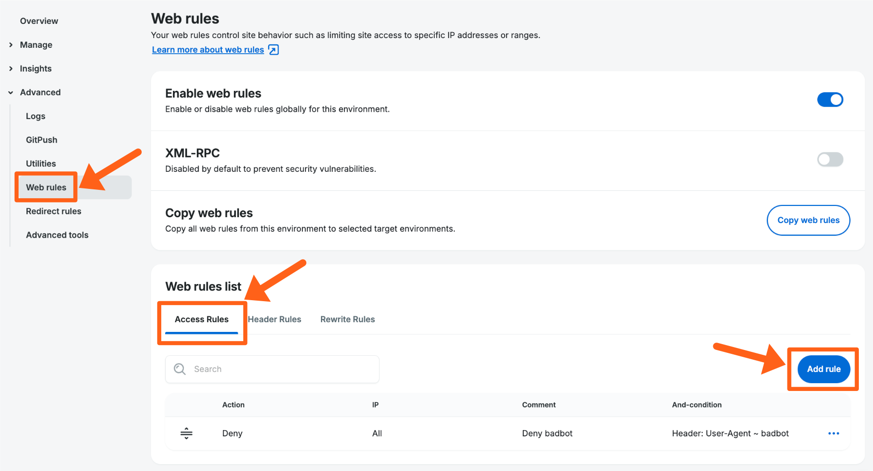 Screenshot of the Web Rules page in the WP Engine User Portal showing where to add an Access Rule