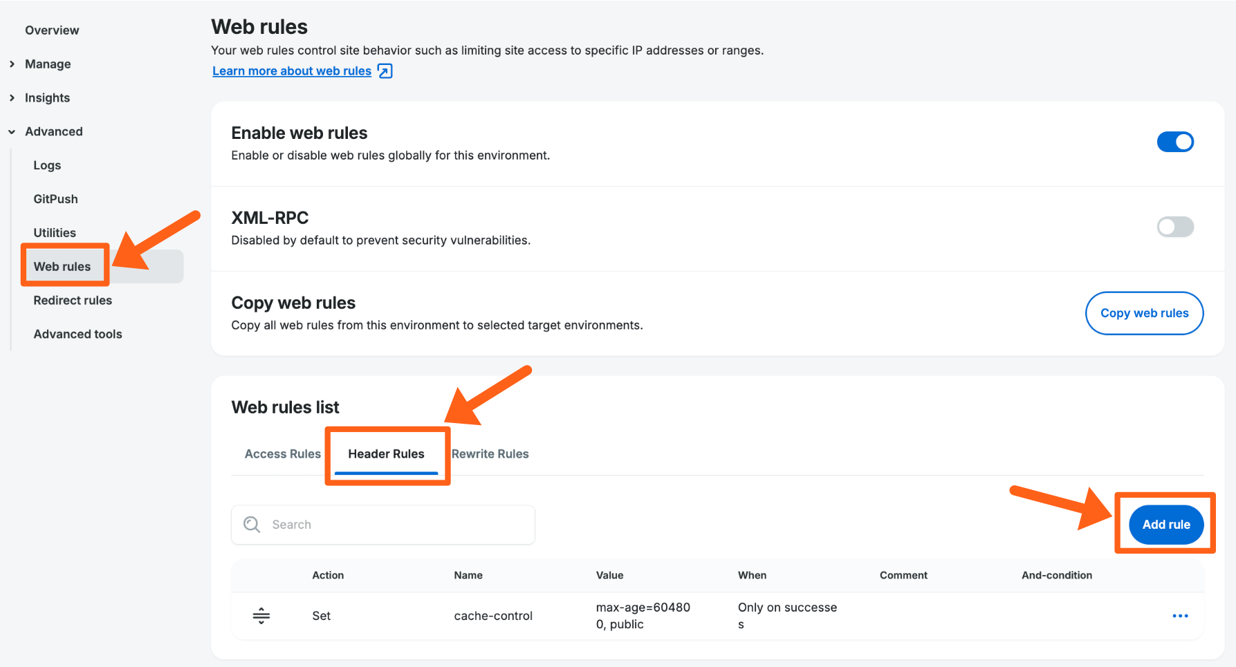 Screenshot of the Web Rules page in the WP Engine User Portal showing where to add a Header Rule