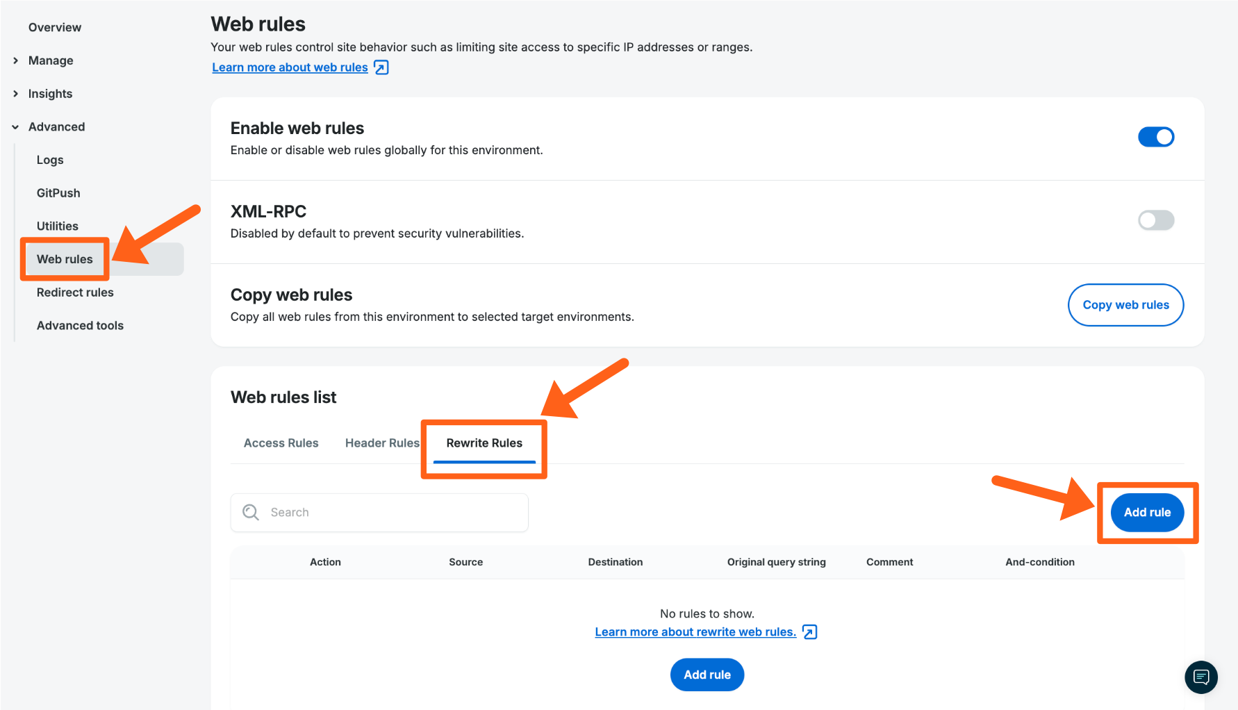 Screenshot of the Web Rules page in the WP Engine User Portal showing where to add a Rewrite Rule