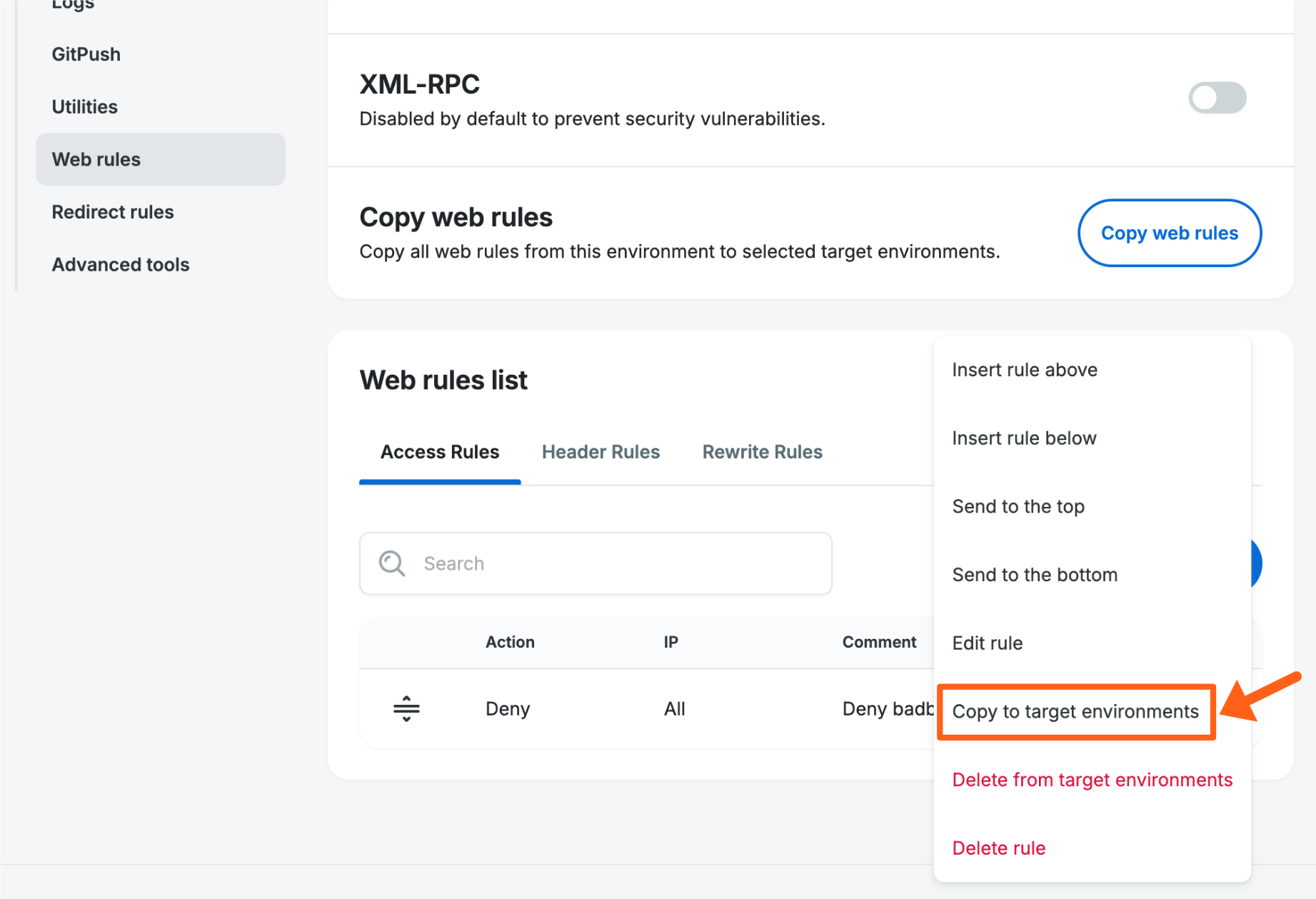 Screenshot of the Web Rules page in the WP Engine User Portal showing where to copy a single Web Rule to other environments.
