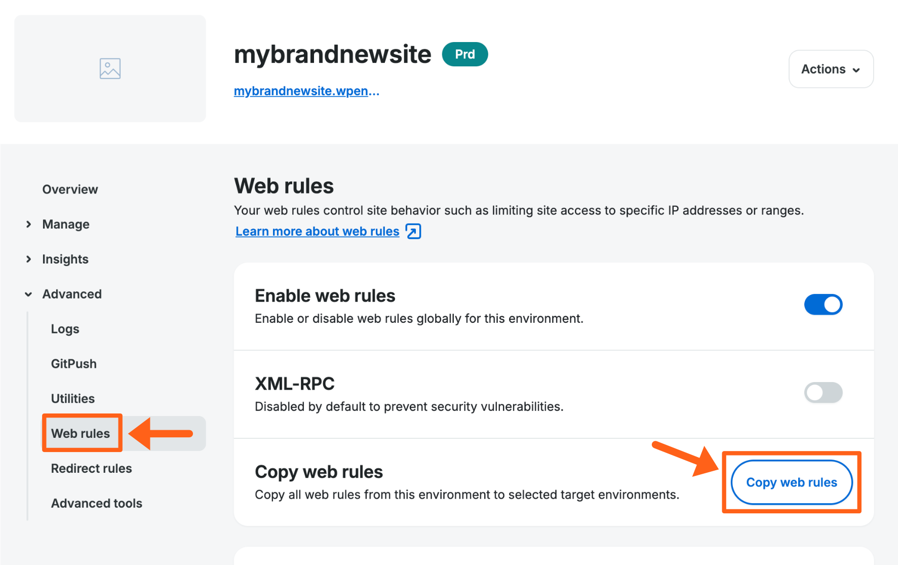 Screenshot of the Web Rules page in the WP Engine User Portal showing where to copy Web Rules to other environments
