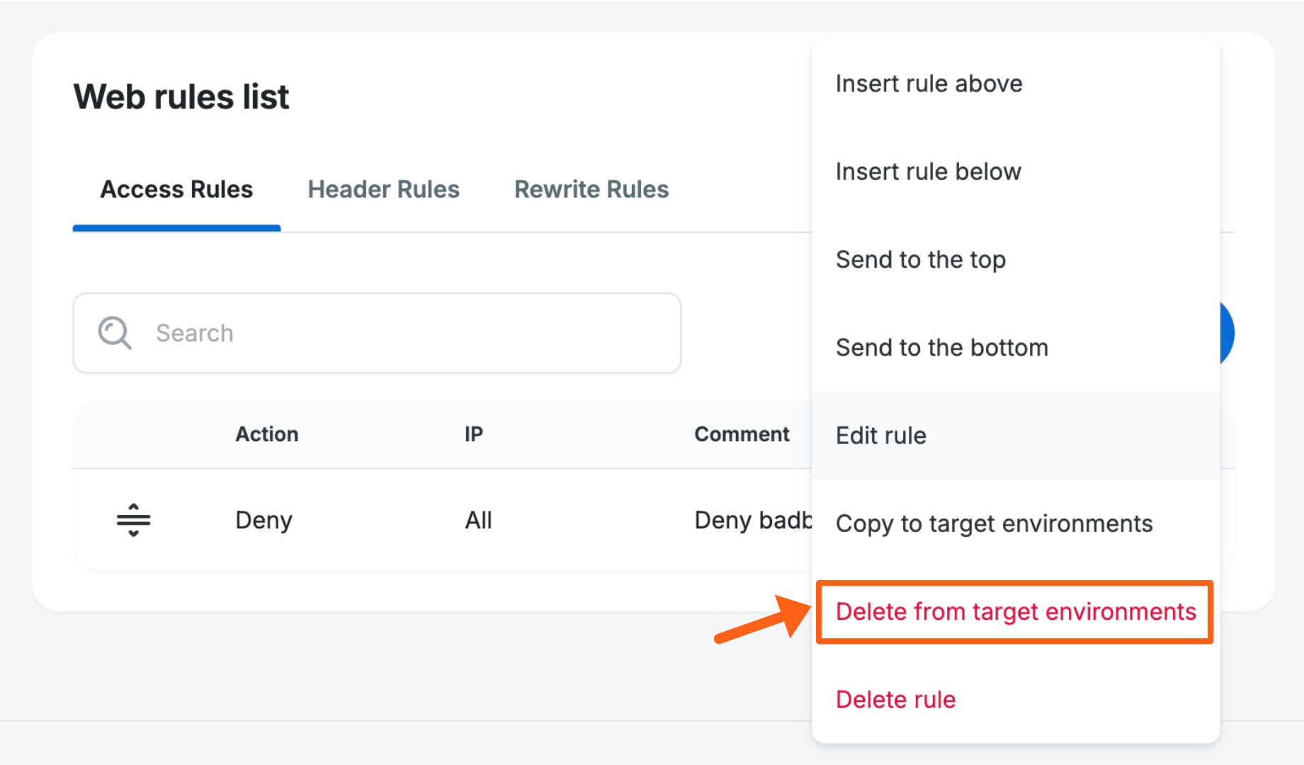 Screenshot of the Web Rules page in the WP Engine User Portal showing where to edit a Web Rule.