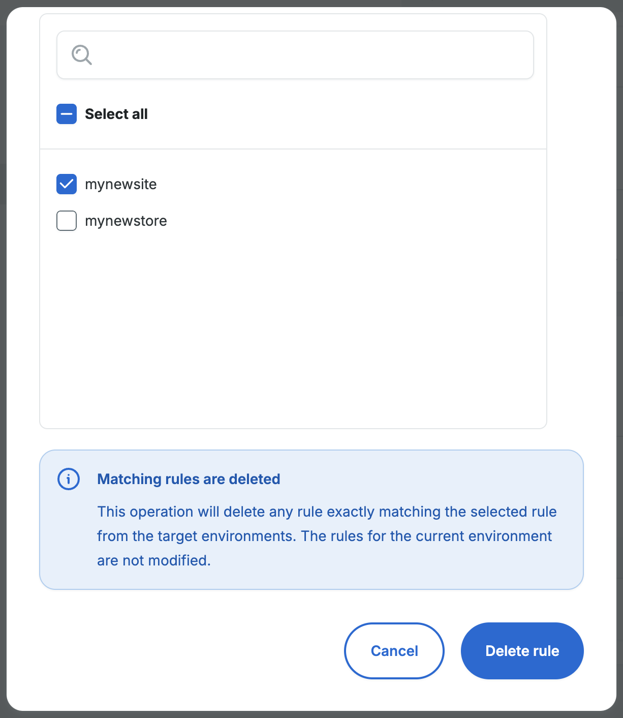 Screenshot of the popup for deleting web rules from target environments in the WP Engine User Portal 