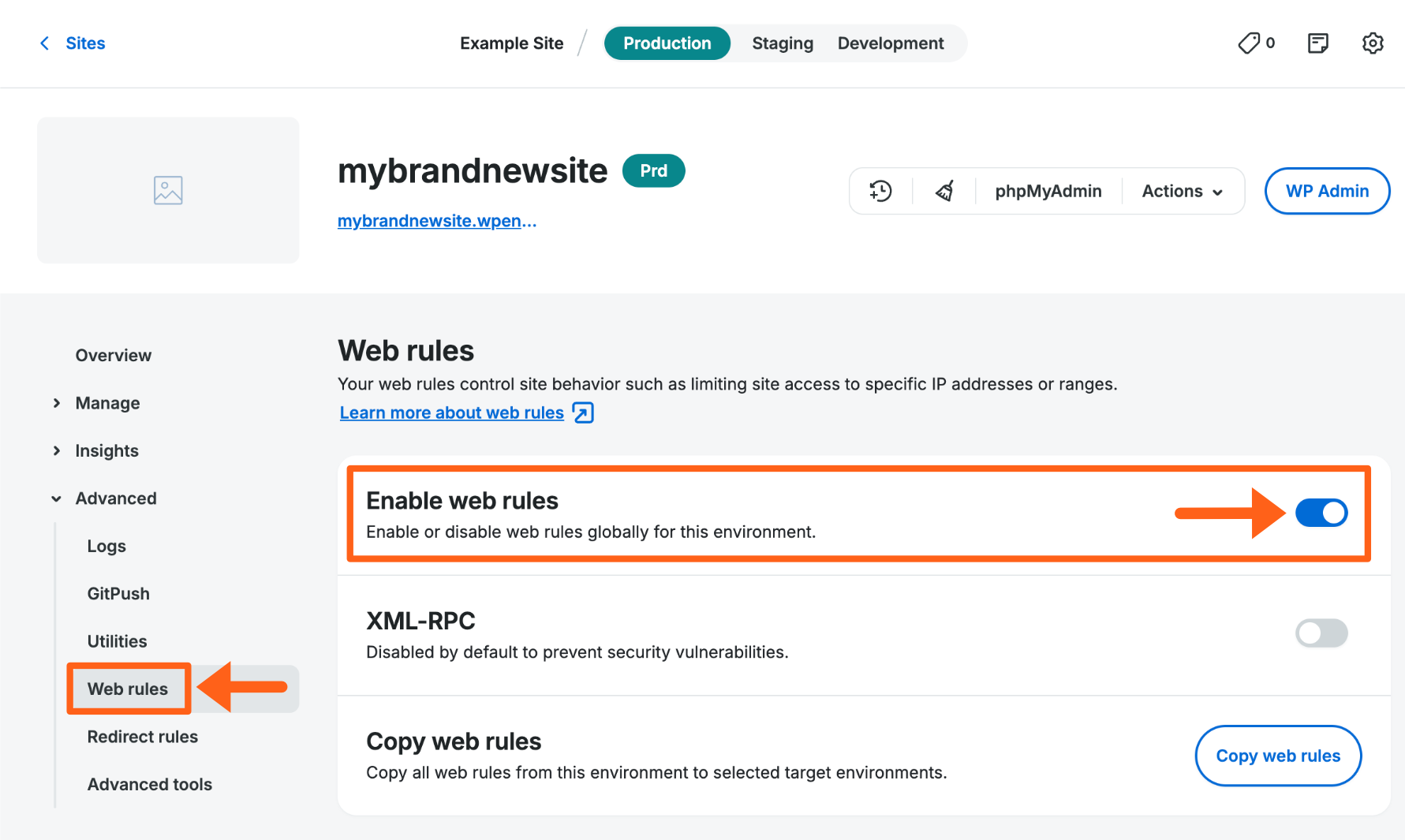 Screenshot of the Web Rules page in the WP Engine User Portal showing where to enable Web Rules