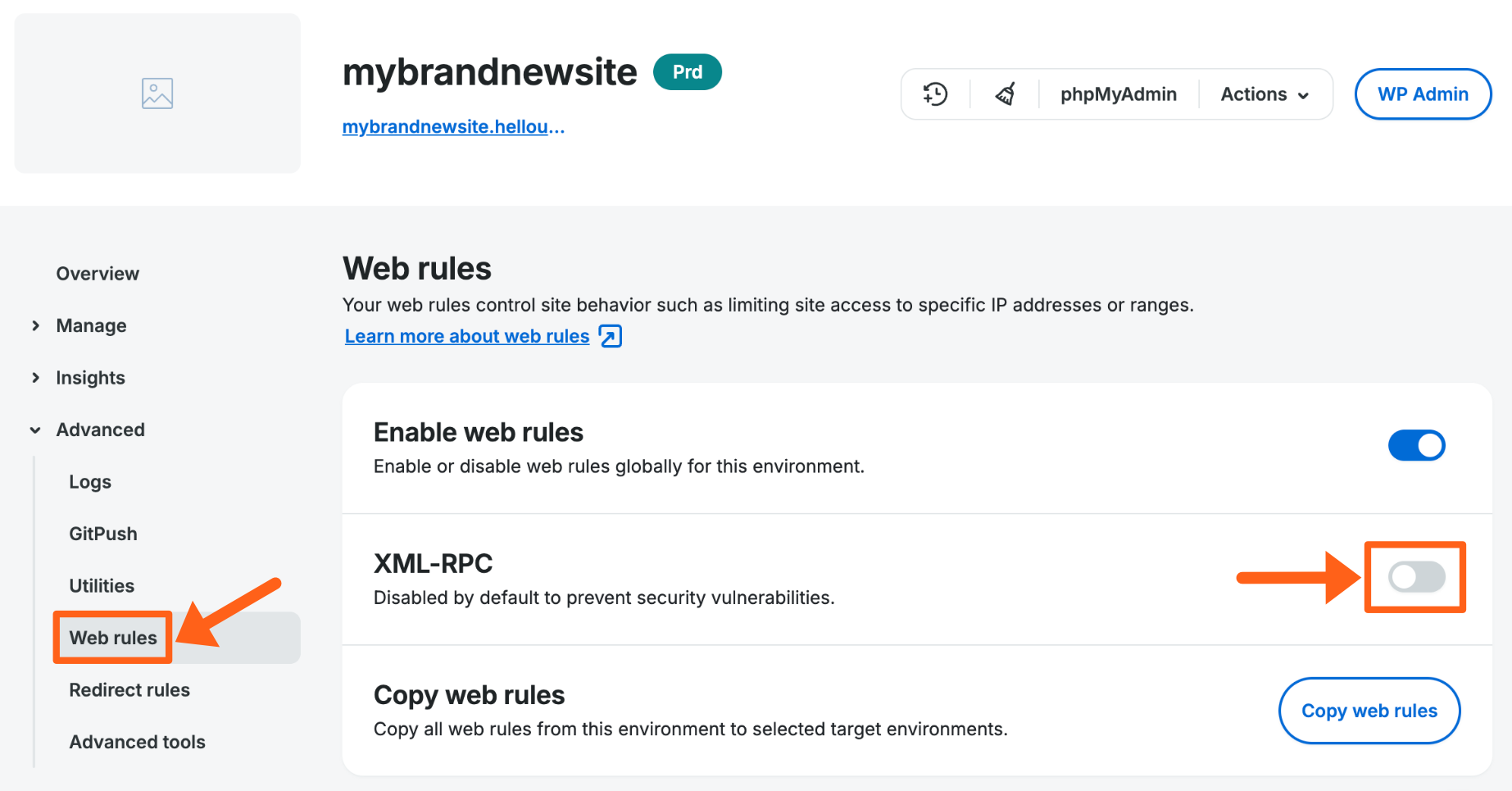 Screenshot of the Web Rules page in the WP Engine User Portal showing where to allow or deny xmlrpc