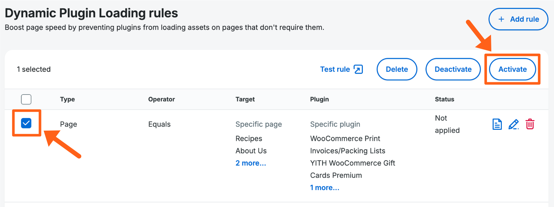 Screenshot of an environment's Overview page in the WP Engine User Portal showing the button to activate a rule for Dynamic Plugin Loading.
