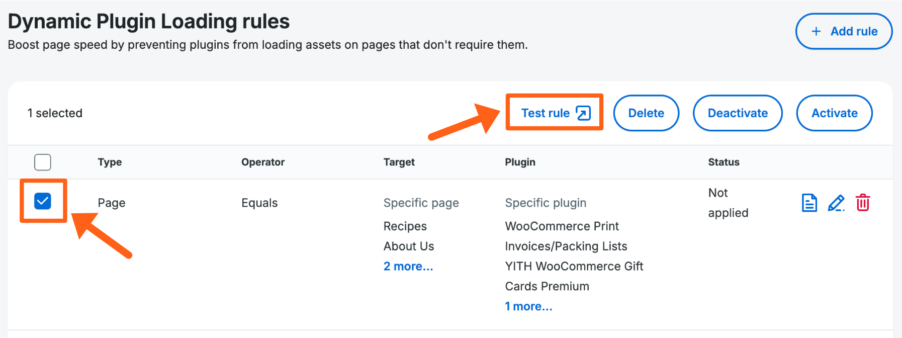 Screenshot of an environment's Overview page in the WP Engine User Portal showing the button to test a rule for Dynamic Plugin Loading.
