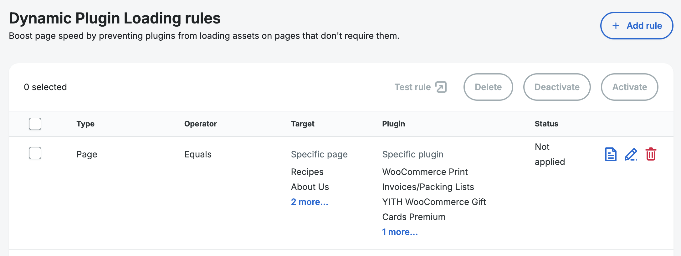 Screenshot of an environment's Overview page in the WP Engine User Portal showing the button to add a rule for Dynamic Plugin Loading.