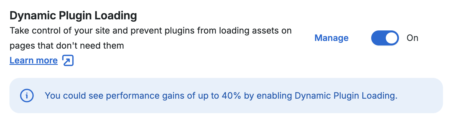 Screenshot of an environment's Overview page in the WP Engine User Portal showing the setting to enable Dynamic Plugin Loading.