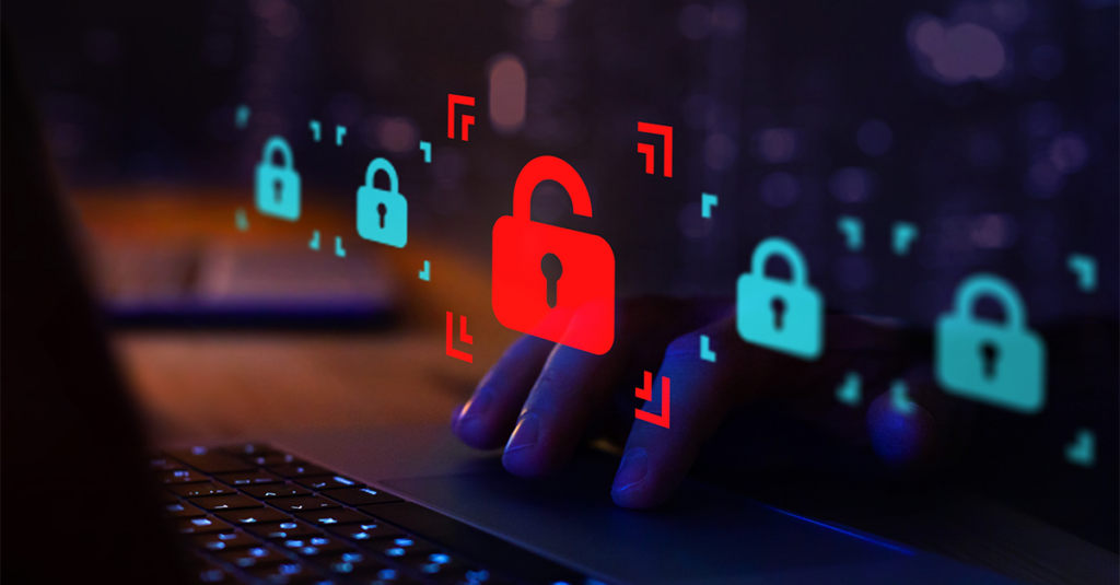 DDoS protection concept - lock icons over a keyboard