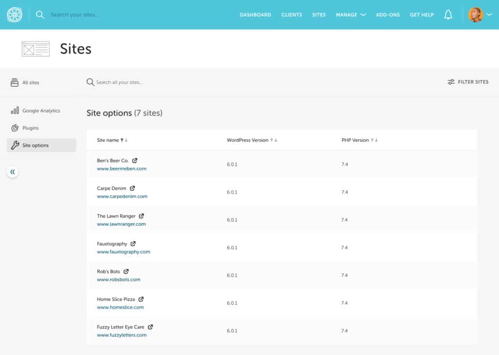 Screenshot of the Bulk Site Management page in Flywheel Growth Suite. The page is set to sort sites by site options
