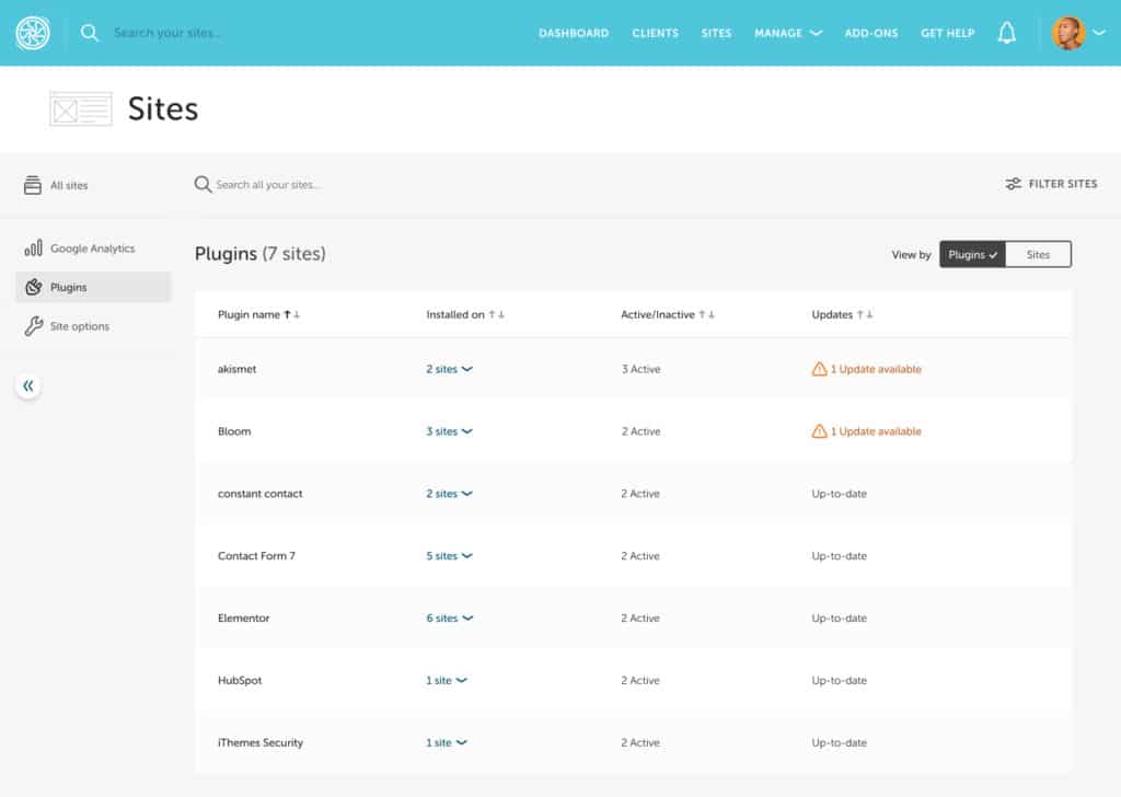 Screenshot of the Bulk Site Management page in Flywheel Growth Suite. The page is set to sort sites by plugin
