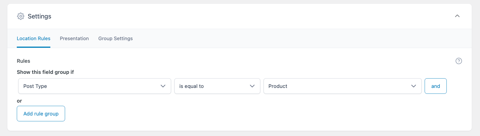 The Settings screen of ACF with the Location Rules tab showing. The other two tabs are Presentation and Group Settings.