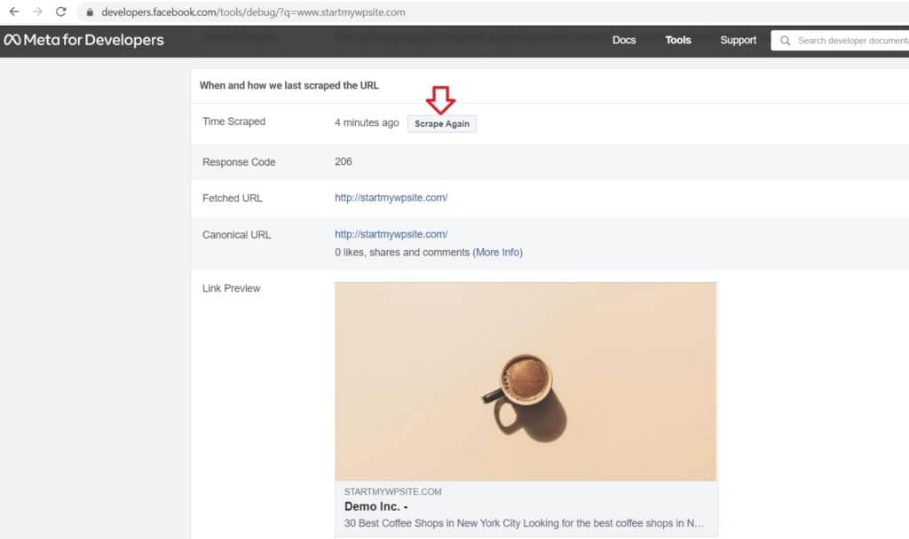 Page from Meta for Developers with a red arrow pointing to the Scrape Again button 
