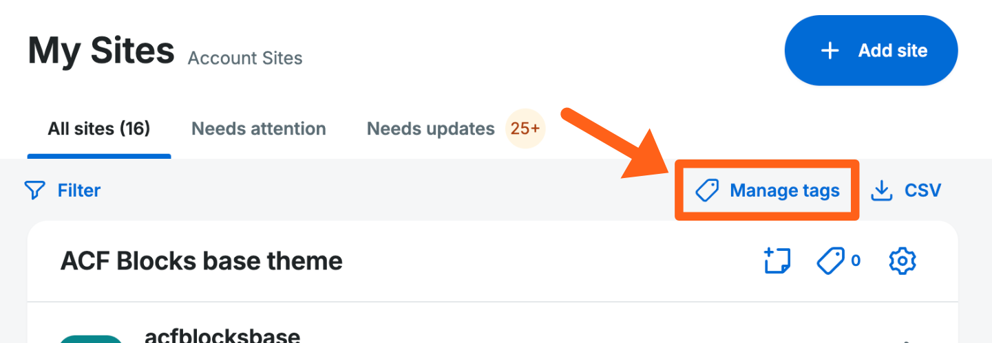 Screenshot of the Manage tags button on the Sites page of the WP Engine User Portal.