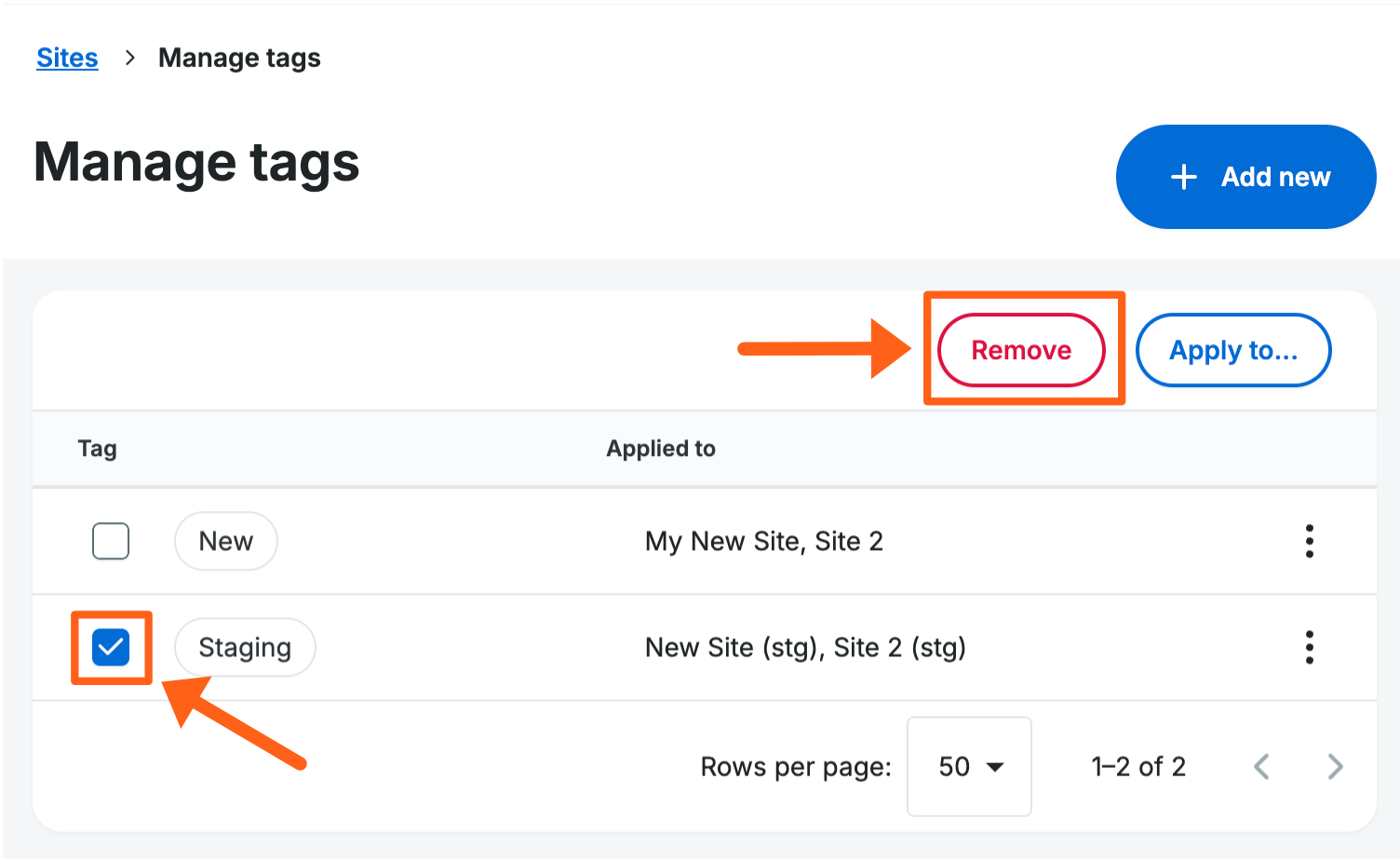 Screenshot of the Remove button on the Manage tags page of the WP Engine User Portal 