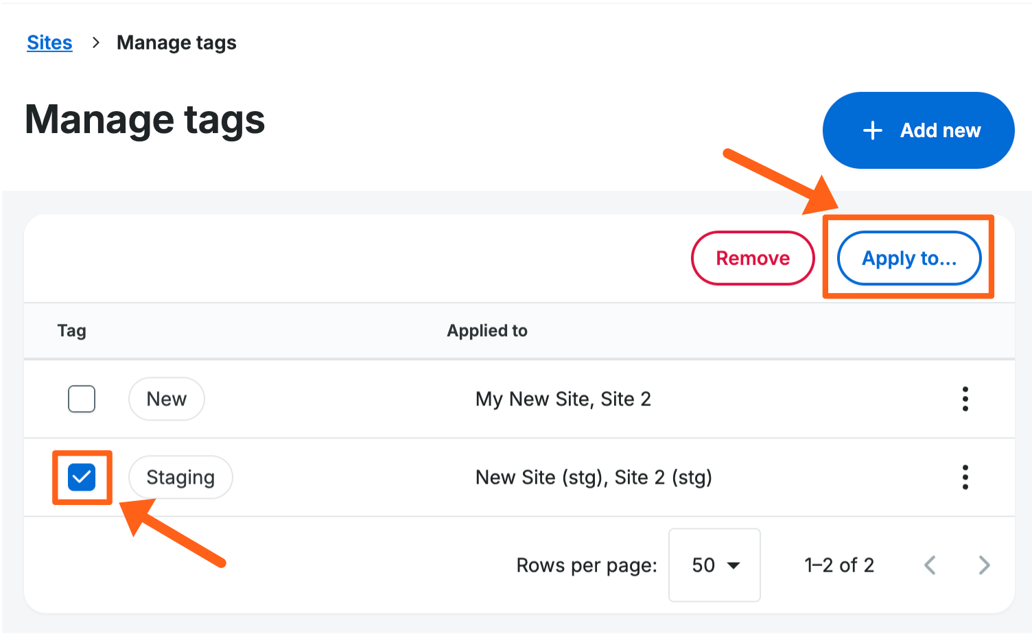 Screenshot of the Apply to button on the Manage tags page of the WP Engine User Portal