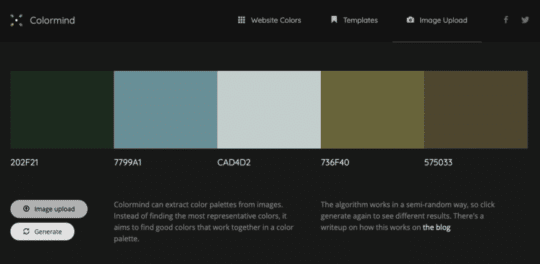 a sample palette including blues, browns, and greens made my Colormind