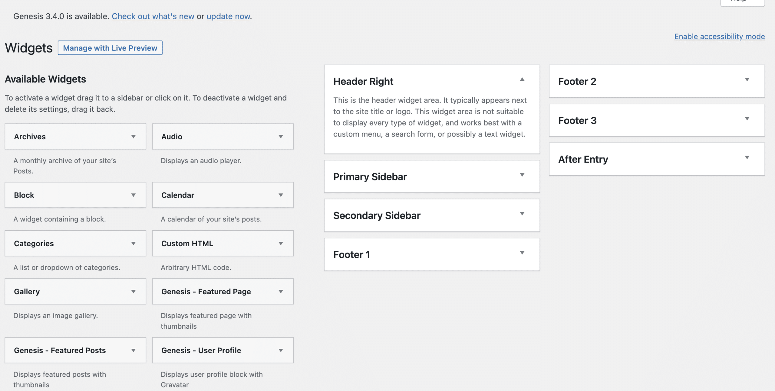 Widgets screen via WordPress