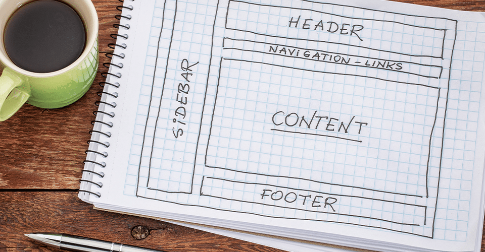 Sketchpad showing design elements of a web page including header, sidebar, and footer