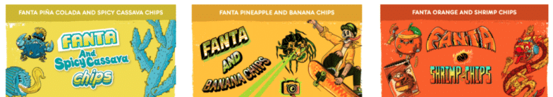 Screenshot of the Fanta homepage with three of their "It's a snack thing" pairings. Each has a unique font, color palette, and art style. 