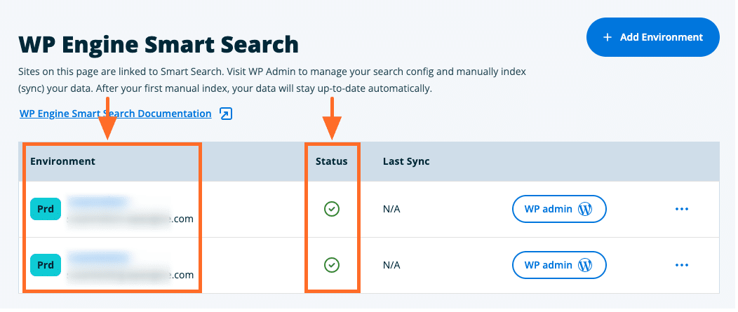 List of environments licensed for WP Engine Smart Search and their status