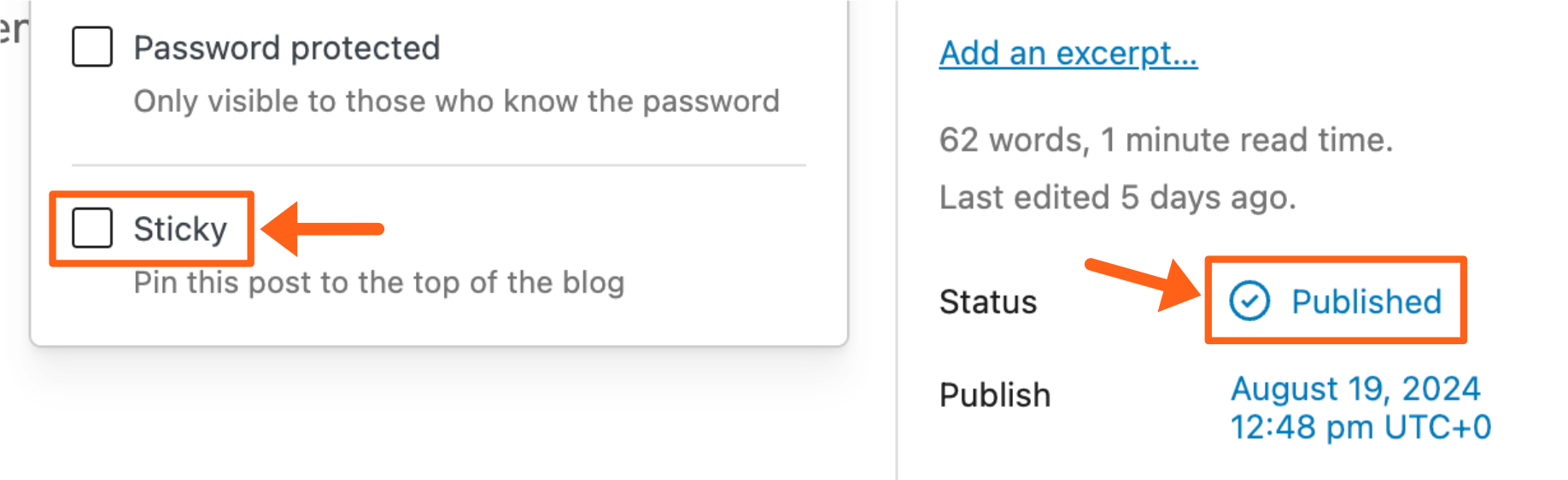Screenshot of the setting for sticky posts inside the WordPress post editor