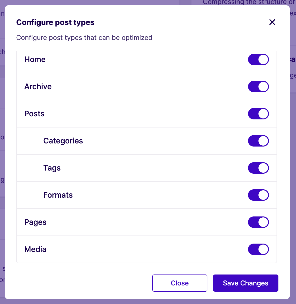 Screenshot of the Page Speed Boost settings page in the WordPress admin dashboard showing option to select different post types to be optimized.