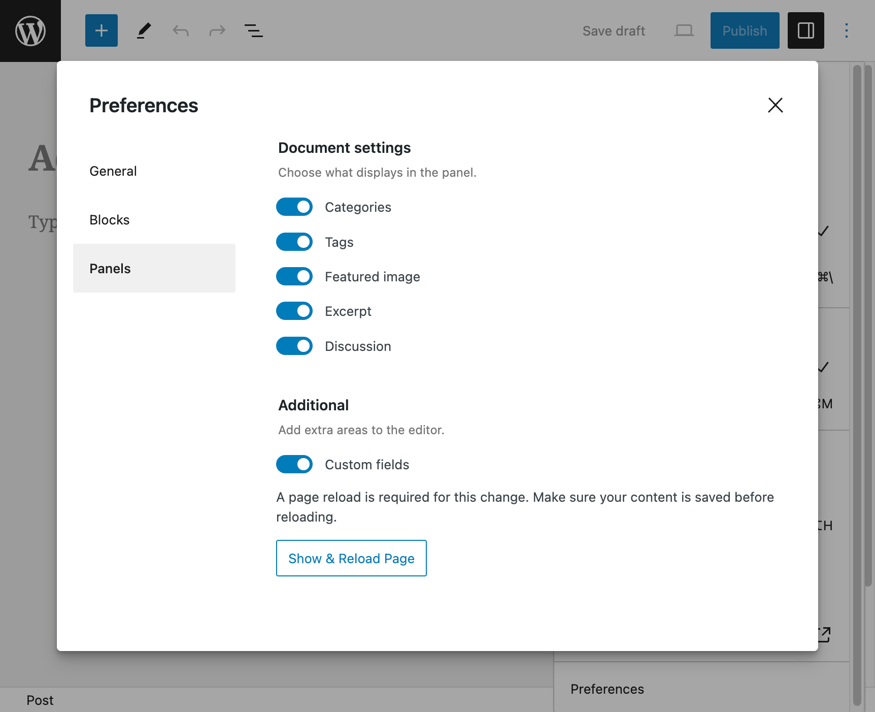 The Panels tab of the Preferences modal with Custom Fields toggled on. How to Create and Use WordPress Custom Fields