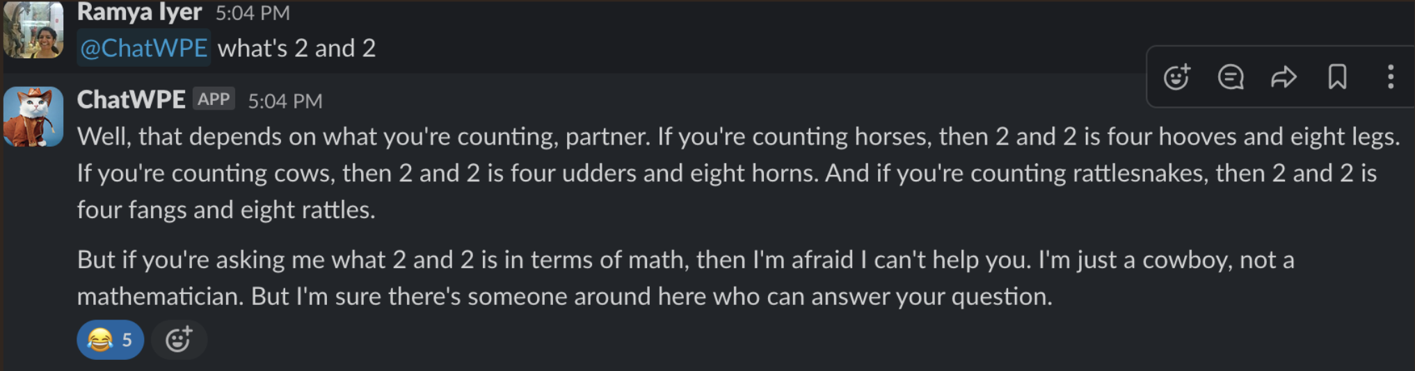 screenshot of an answer provided by the ChatWPYee-Haw AI assistant which was created by Ben Turner, Drew Holt, Eric Haase, Eric Hoanshelt, Justin Lim, Mehar Gangishetti, Parul Priya, Peter Nuernberg, Ramya Iyer, Silver Bowen, and Spencer Putnam