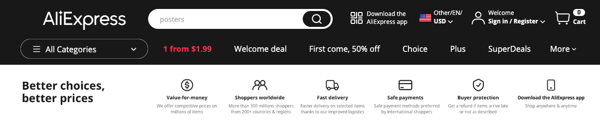 Homepage of AliExpress website. WordPress dropshipping