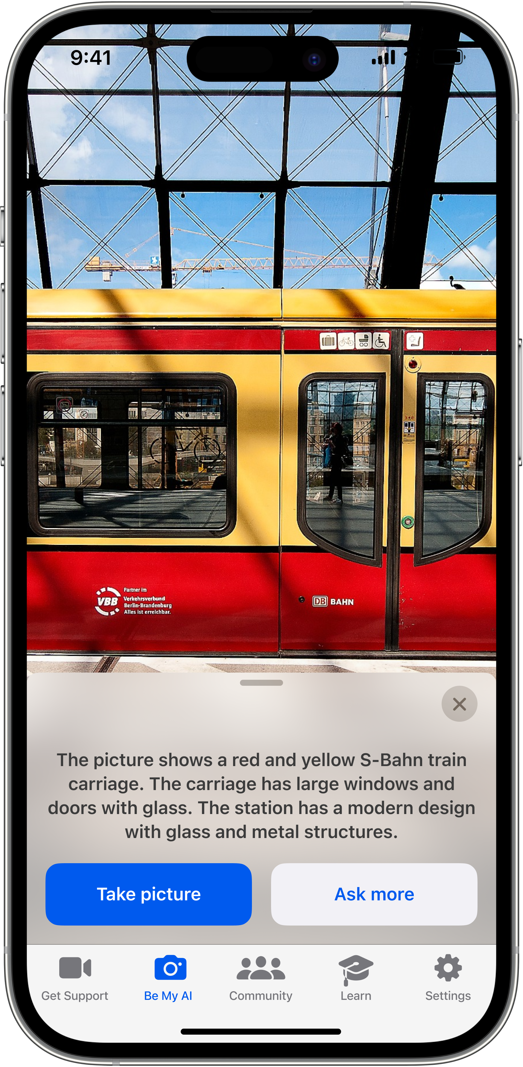 image showing BeMyAI, a digital visual assistant that provides detailed audio descriptions of photos taken on iOS and Android devices.&nbsp;&nbsp;
